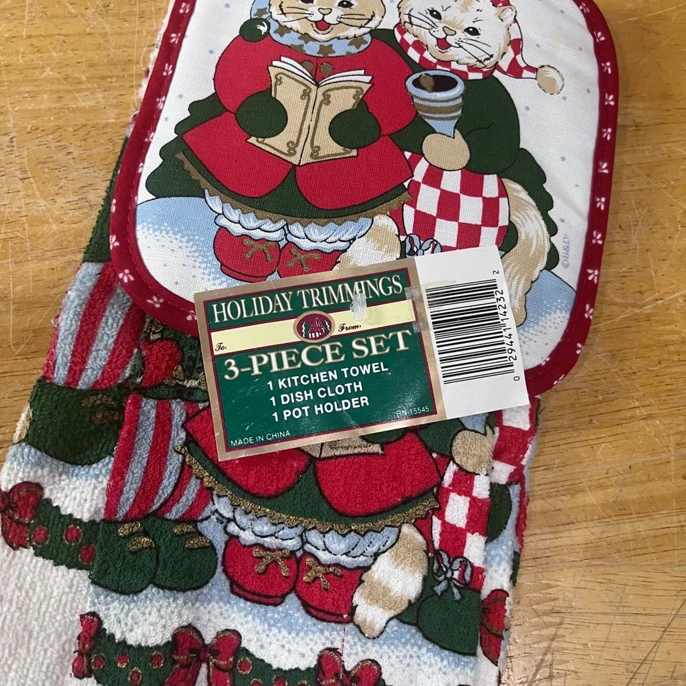 Vtg Holiday‎ Trimmings Caroling Cats 3pc Kitchen Towel Dish Cloth Pot Holder Set